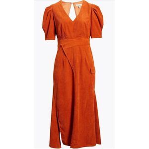 Du Paradis Women's Rust Puff Sleeve Corduroy Midi Dress Asymmetrical Size‎ Small